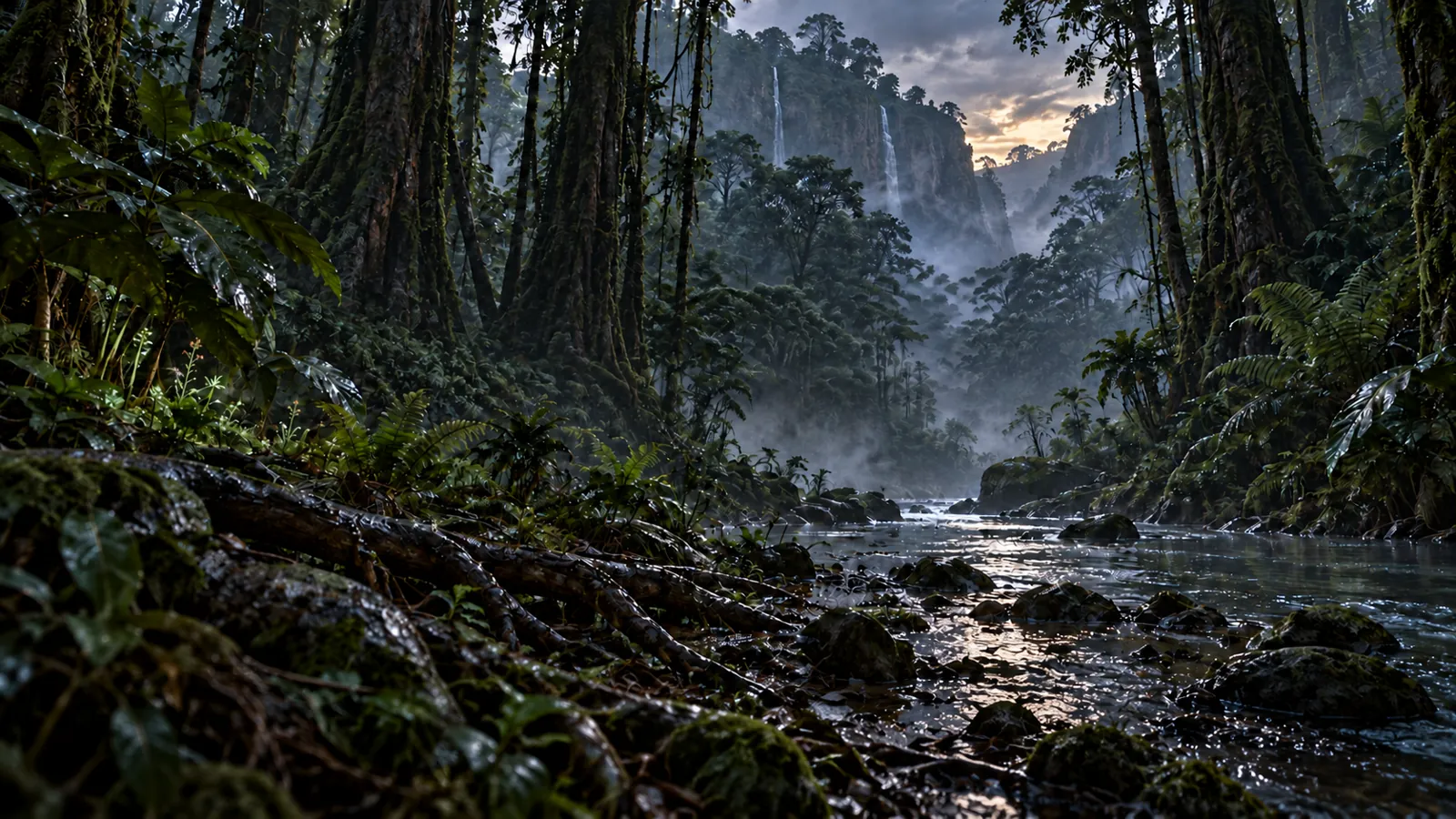 Dark river in a misty jungle