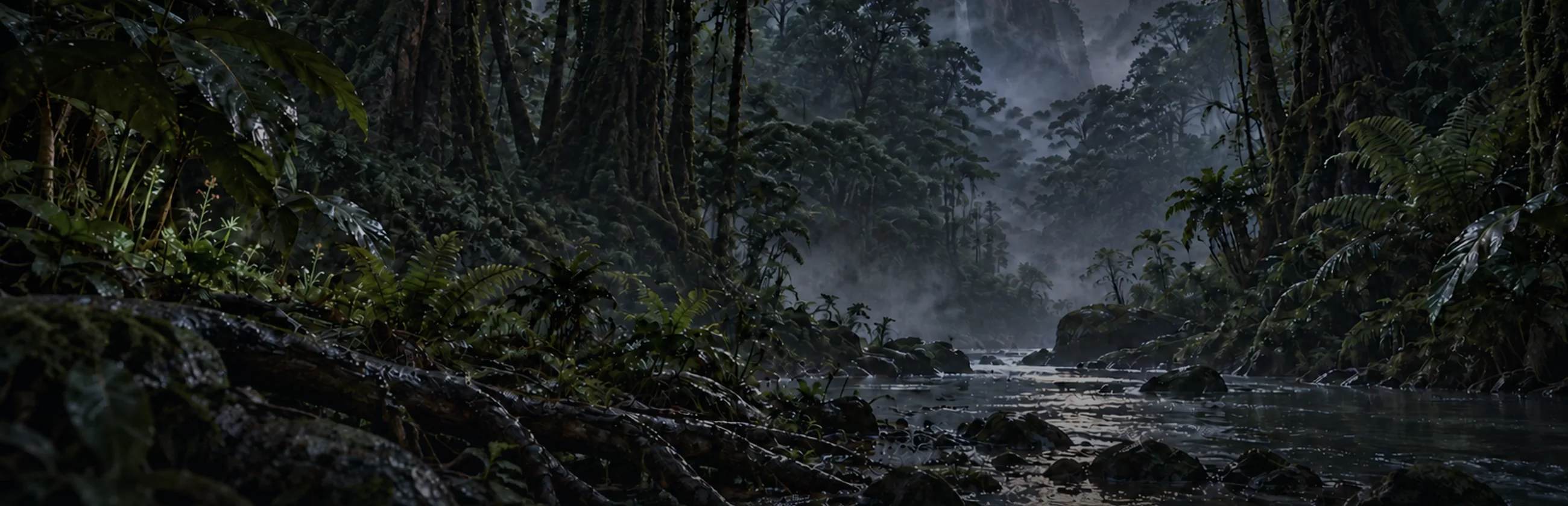 Étude panoramique d’une rivière et d’une forêt tropicale sous la brume